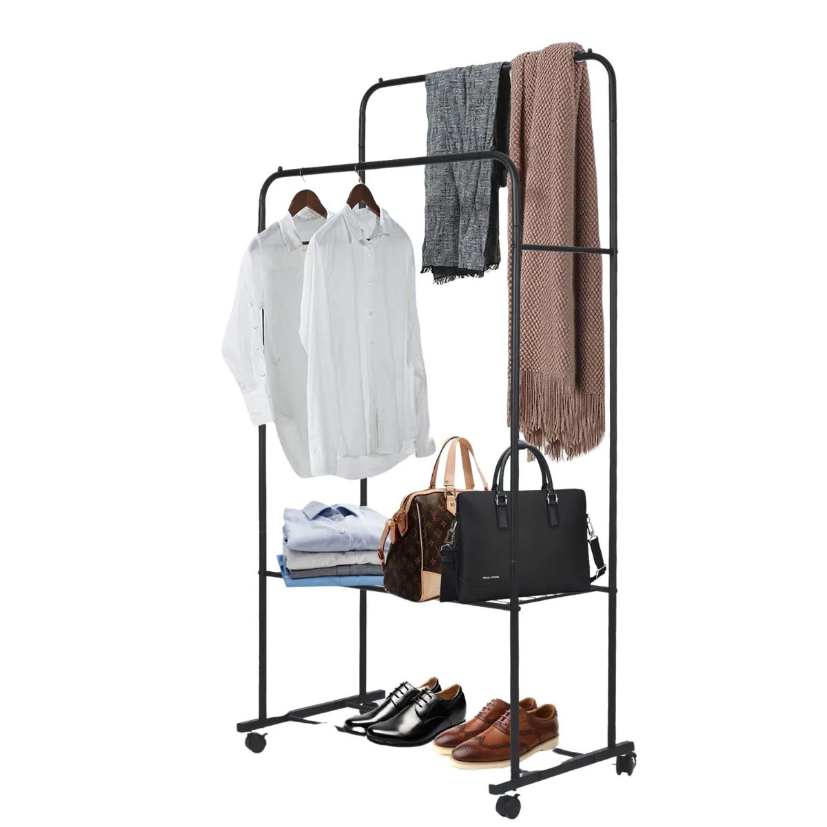 1.5m Large Clothes Rack Double Rail Rolling Stand Storage Shelf