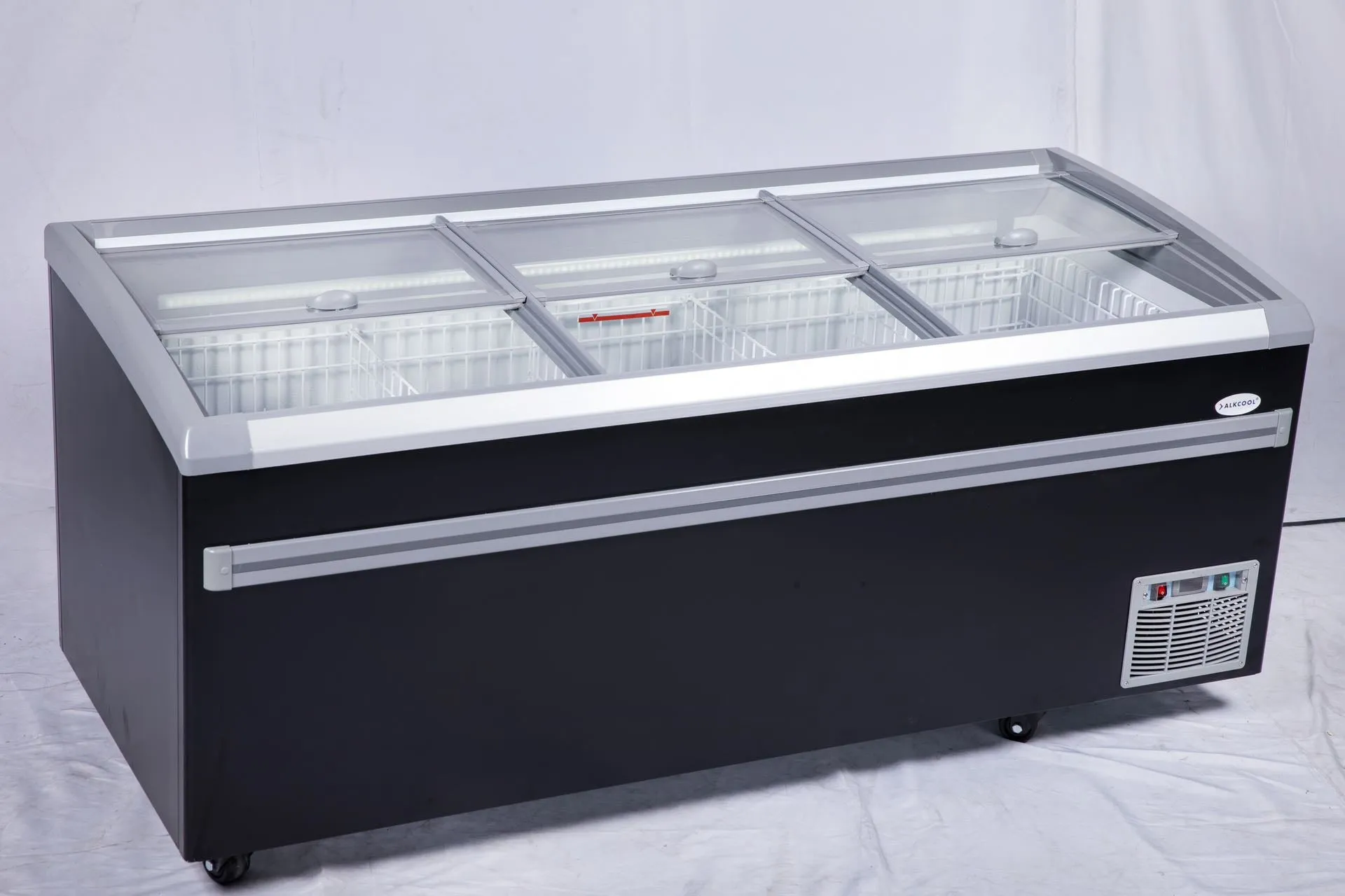 6.8FT wide SUPERMARKET SLIDING GLASS TOP DISPLAY ISLAND FREEZER (Model: IHF-D2209PB )for Frozen Meat, Frozen Pizza, Icecream and Ice Bag