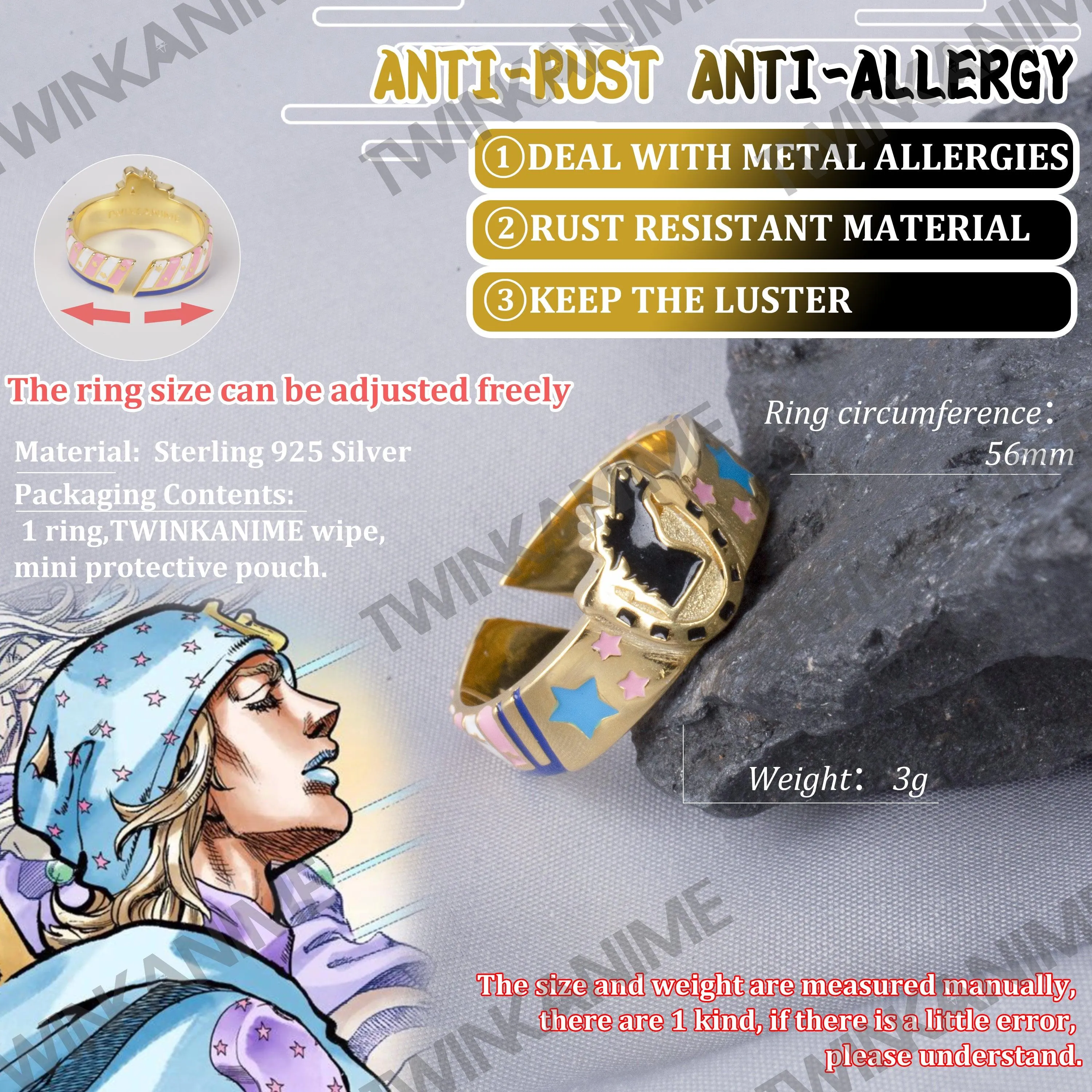 Anime JoJo'S Bizarre Adventure Johnny Joestar Manga Figure S925 Rings Adjustable