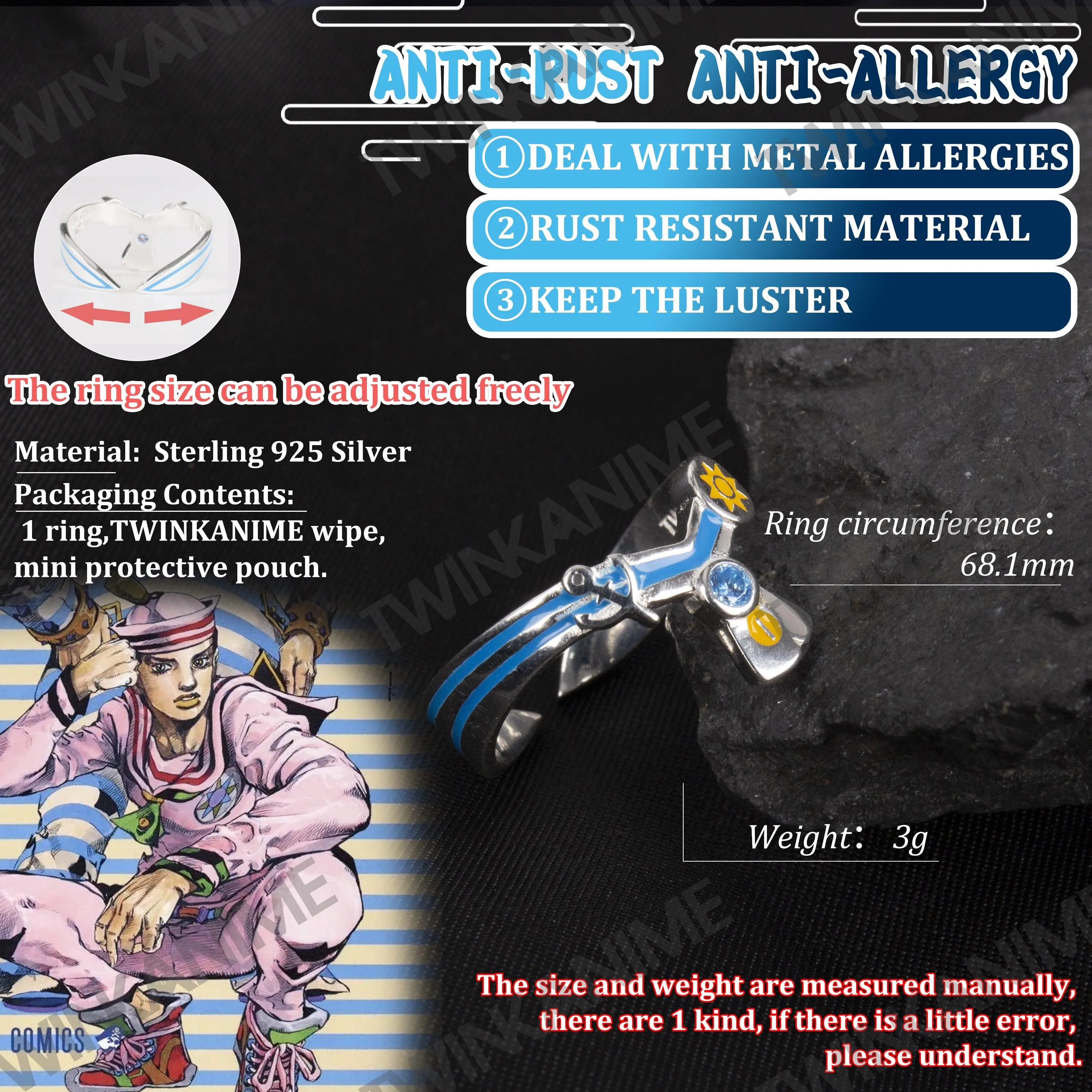 Anime JoJo'S Bizarre Adventure Ring Higashikata Josuke 8 Manga Figure S925 Adjustable