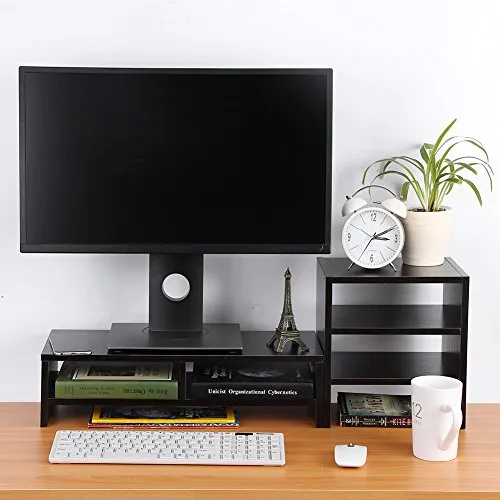 Computer Monitor Stand Riser with Drawers, Laptop TV Stand Desktop Wooden Storage Organizer Sit Ipad Cellphone TV Printer Stand Holder with Slots for Office Supplies and Storage Space(Black Walnut)