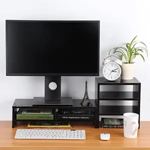 Computer Monitor Stand Riser with Drawers, Laptop TV Stand Desktop Wooden Storage Organizer Sit Ipad Cellphone TV Printer Stand Holder with Slots for Office Supplies and Storage Space(Black Walnut)