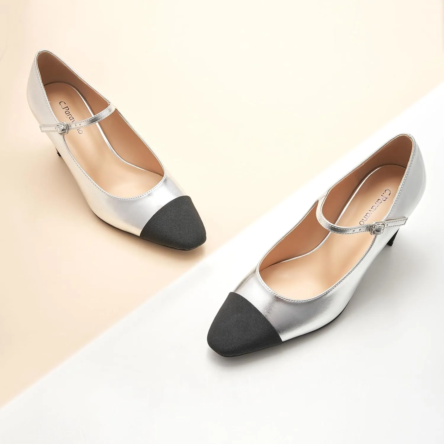 C.Paravano Women's Pumps Mary Jane Pumps Closed Round Toe Low Heels Adjustable Strap Fashion Dress Shoes