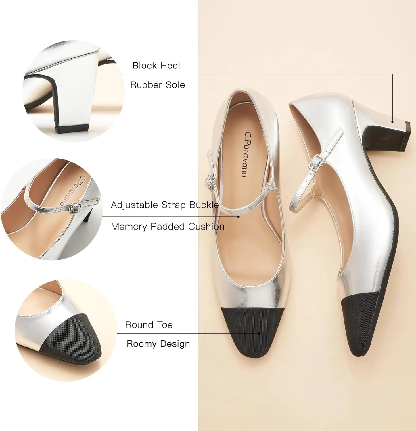 C.Paravano Women's Pumps Mary Jane Pumps Closed Round Toe Low Heels Adjustable Strap Fashion Dress Shoes