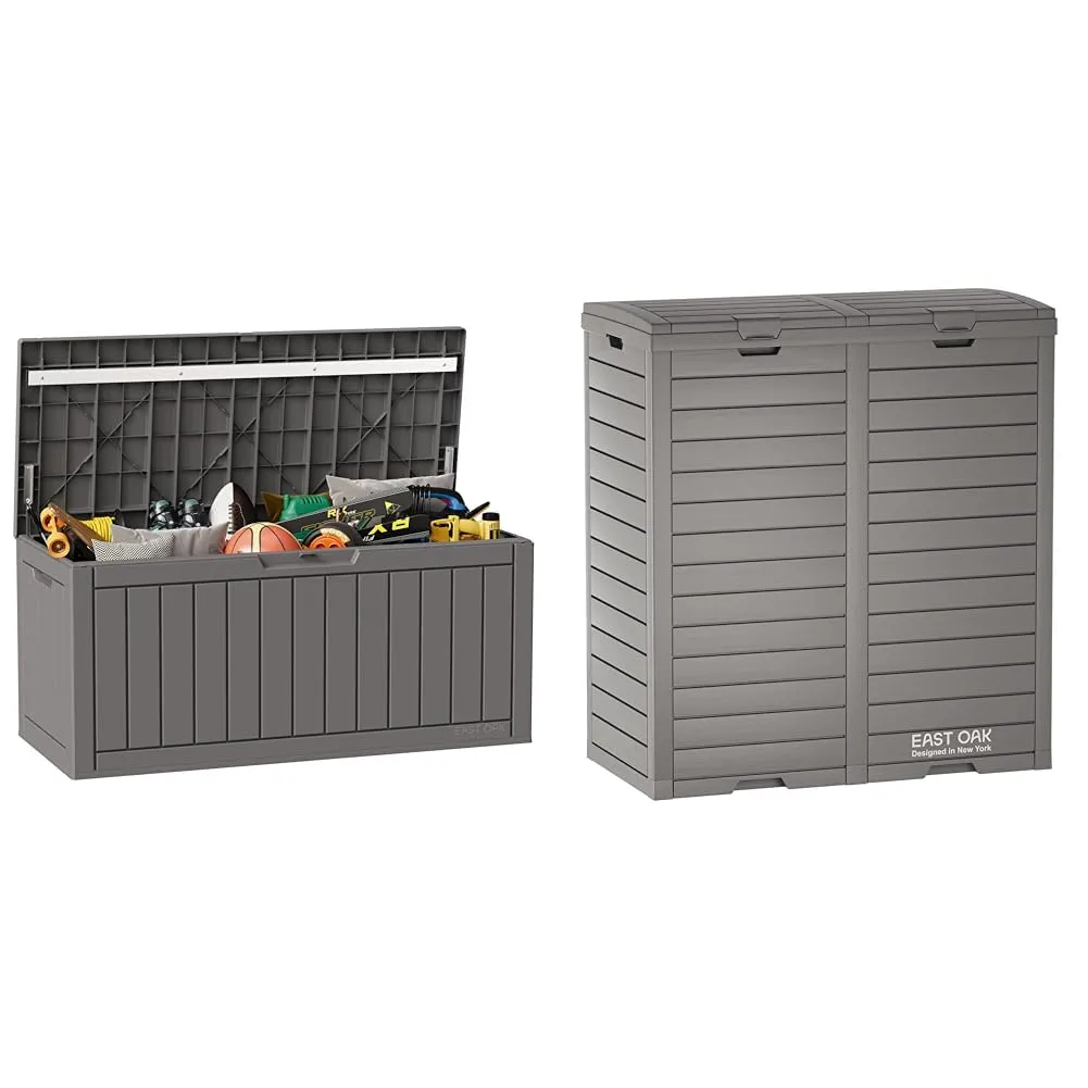 EAST OAK 90 Gallon Deck Box & 62 Gallon Outdoor Trash Can Bundle