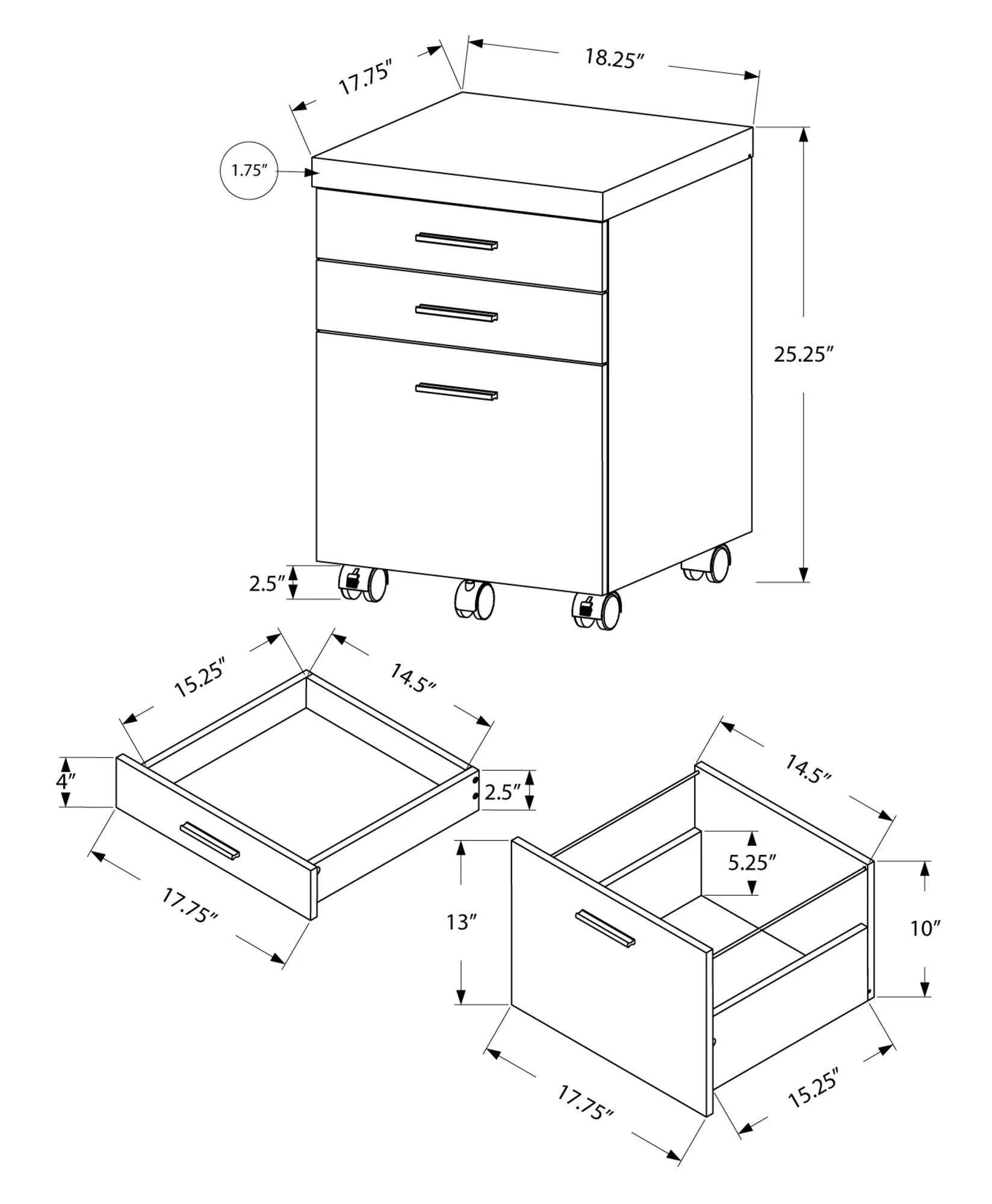 Filing Cabinet - 3 Drawer / Black / Grey On Castors