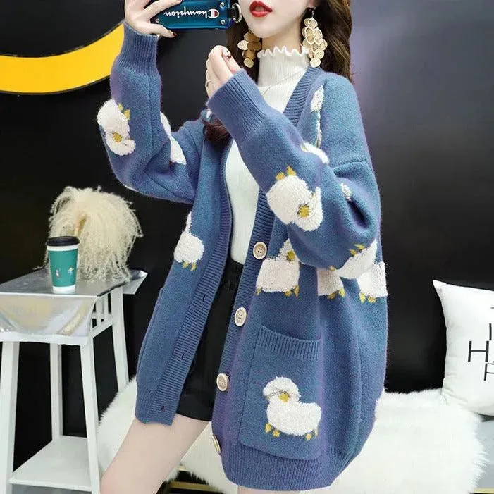 Fluffy Sheep Cardigan: Sheep print with a tufted texture