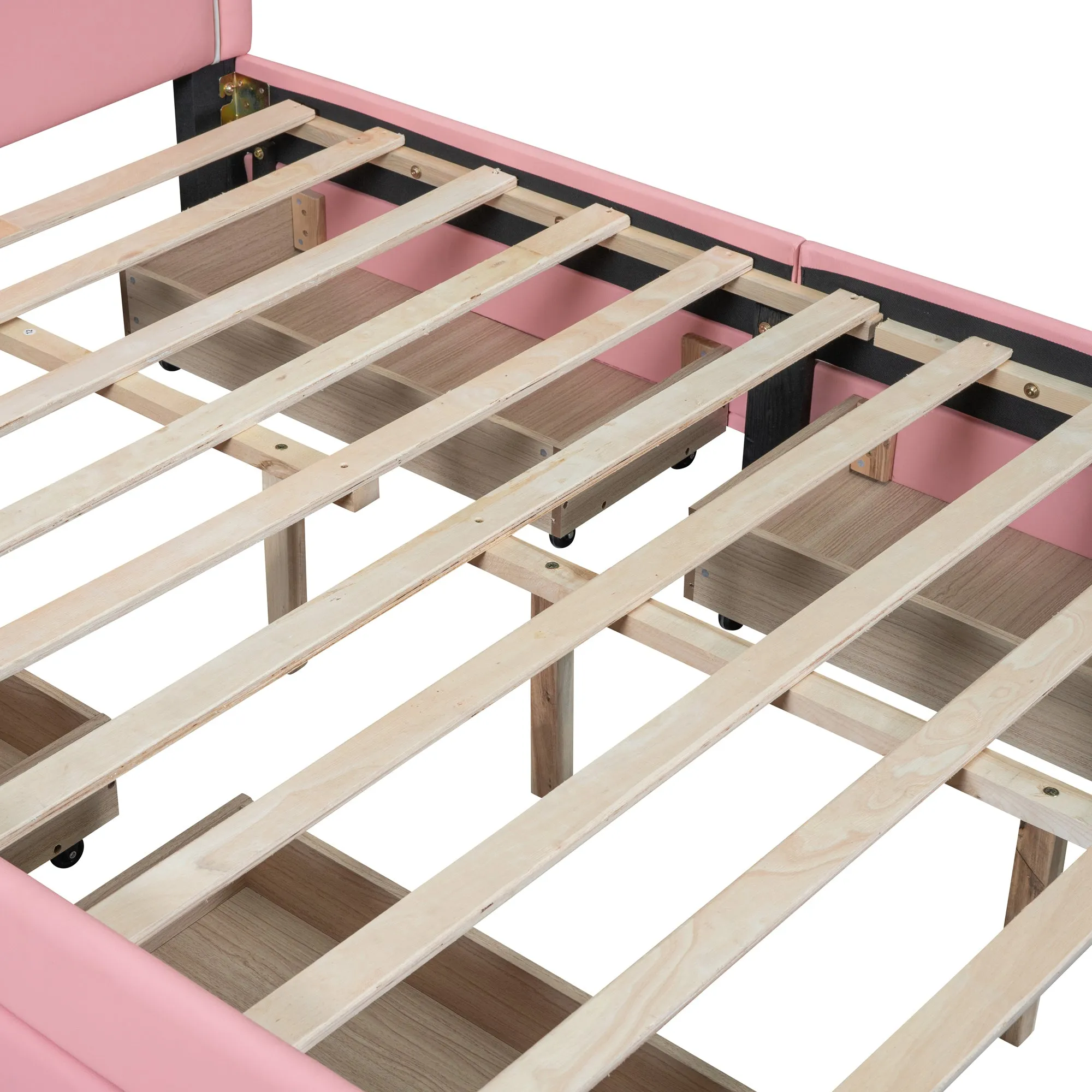 Full Size Upholstered Leather Platform Bed with Rabbit Ornament and 4 Drawers, Pink