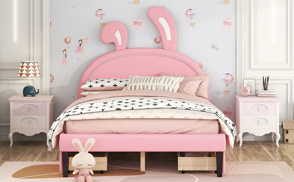 Full Size Upholstered Leather Platform Bed with Rabbit Ornament and 4 Drawers, Pink