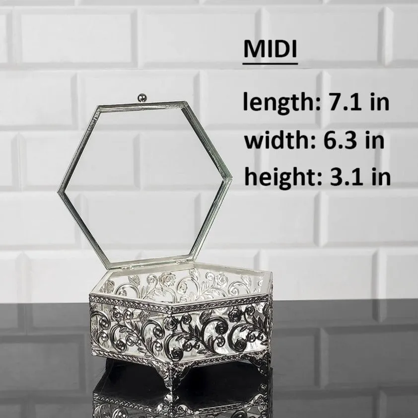 Handmade Hexagon Jewelry Boxes for Women, Silver, 7.1"