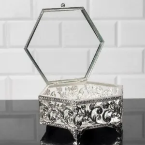 Handmade Hexagon Jewelry Boxes for Women, Silver, 7.1"
