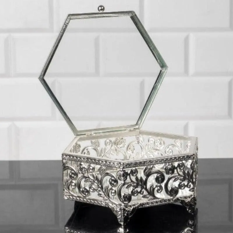 Handmade Hexagon Jewelry Boxes for Women, Silver, 7.1"