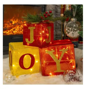Hourleey Set of 3 Christmas Lighted Gift Boxes, Pre-lit 60 LED Light Up Joy Present Boxes Ornament Decorations for Indoor Outdoor Xmas Tree Home Yard Lawn Decor