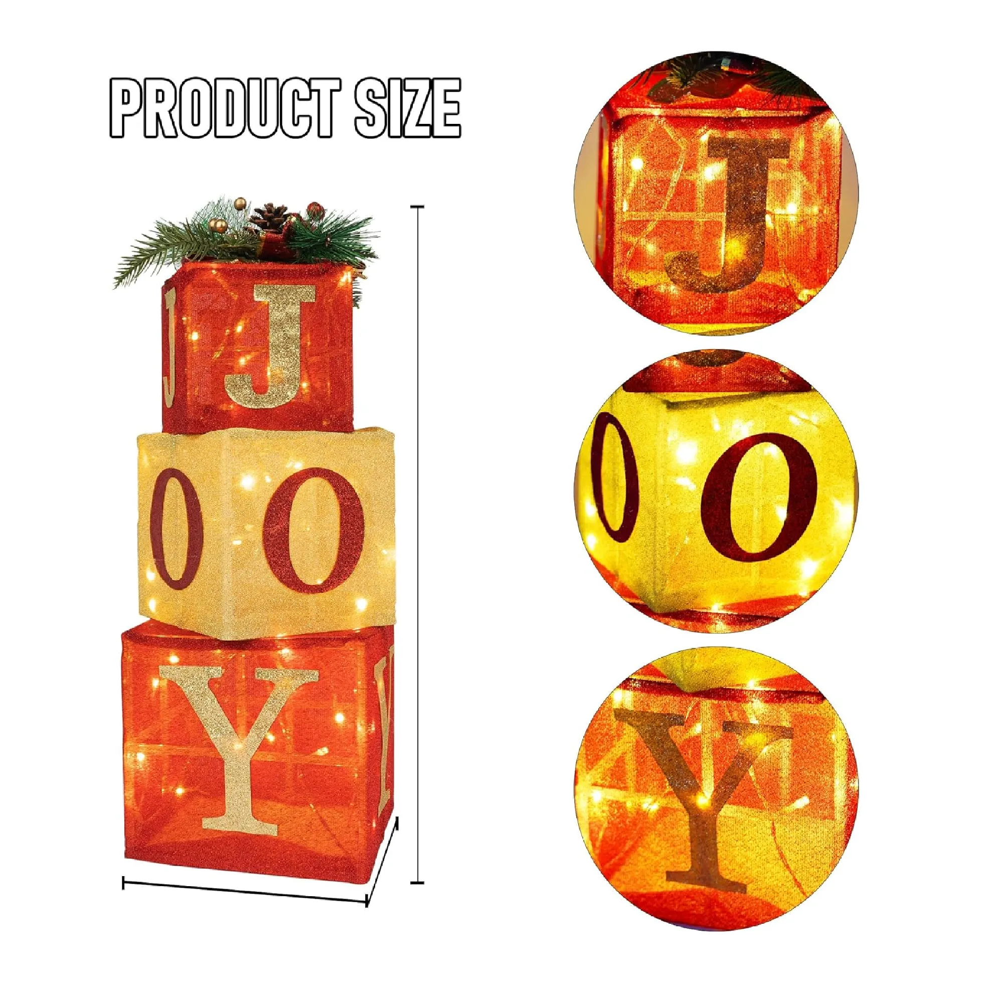 Hourleey Set of 3 Christmas Lighted Gift Boxes, Pre-lit 60 LED Light Up Joy Present Boxes Ornament Decorations for Indoor Outdoor Xmas Tree Home Yard Lawn Decor