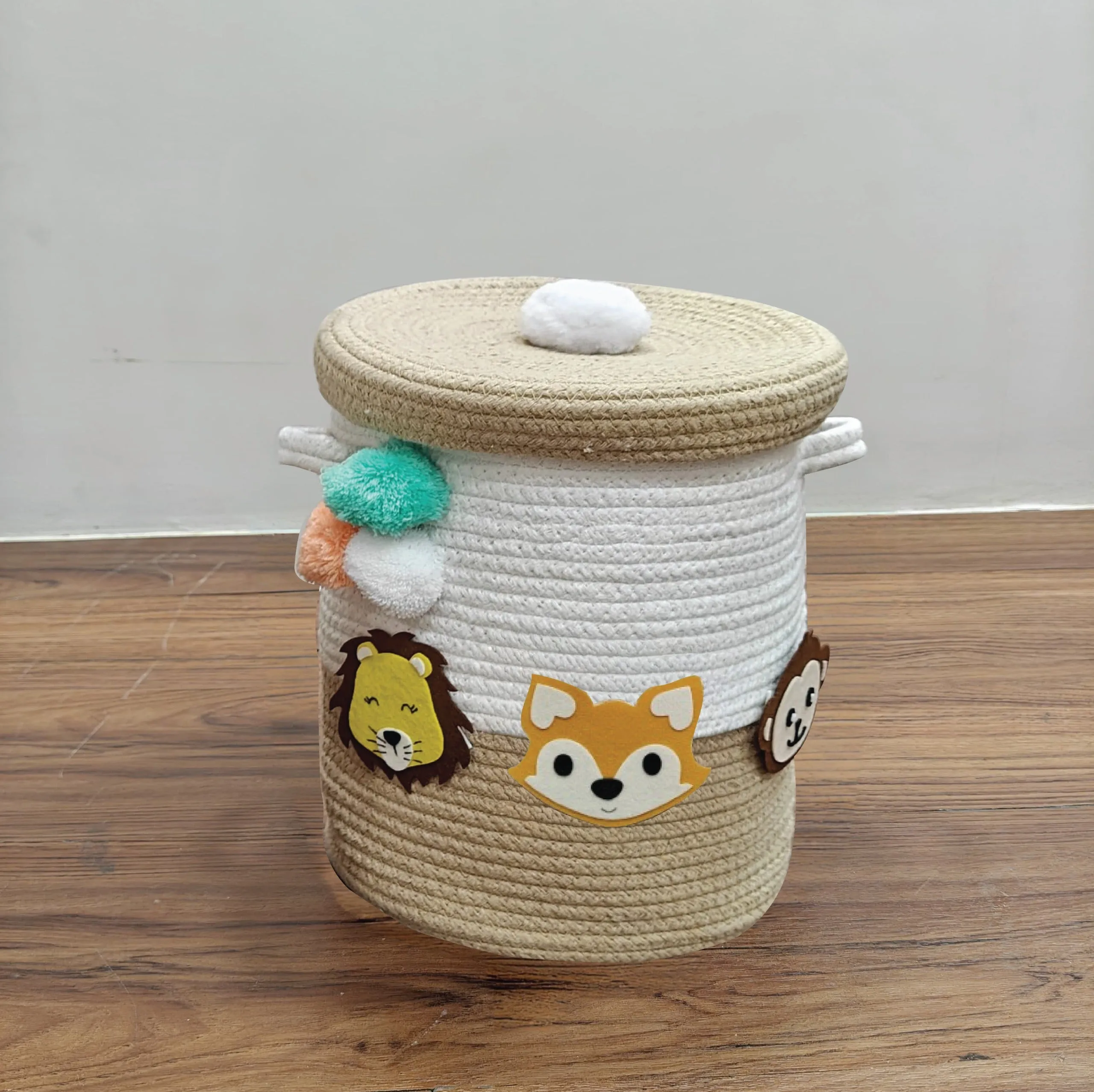 Jute Cotton Storage Basket with Lid - Safari Snuggles