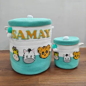 Jute Cotton Storage Basket with Lid  - Teal & Wild
