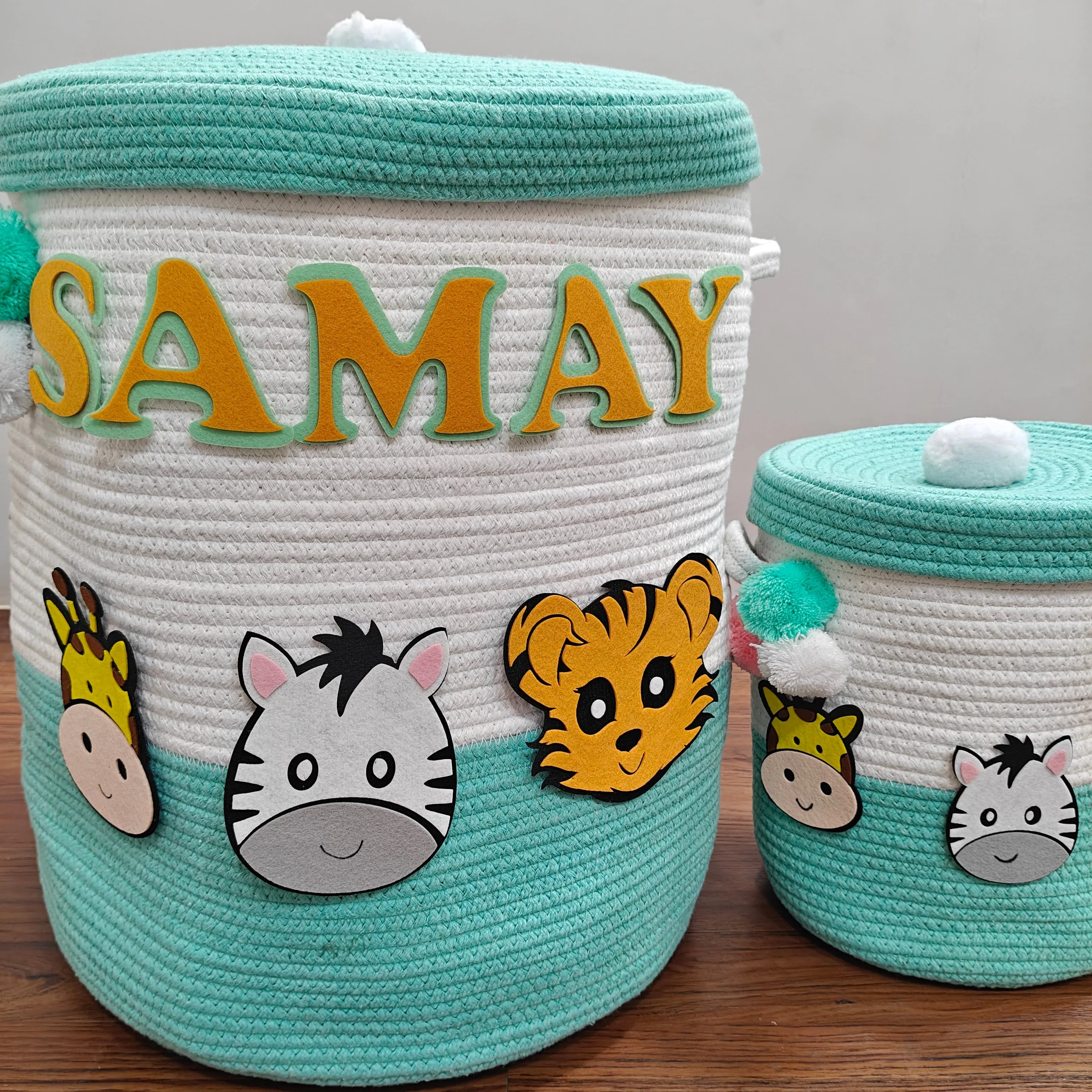Jute Cotton Storage Basket with Lid  - Teal & Wild