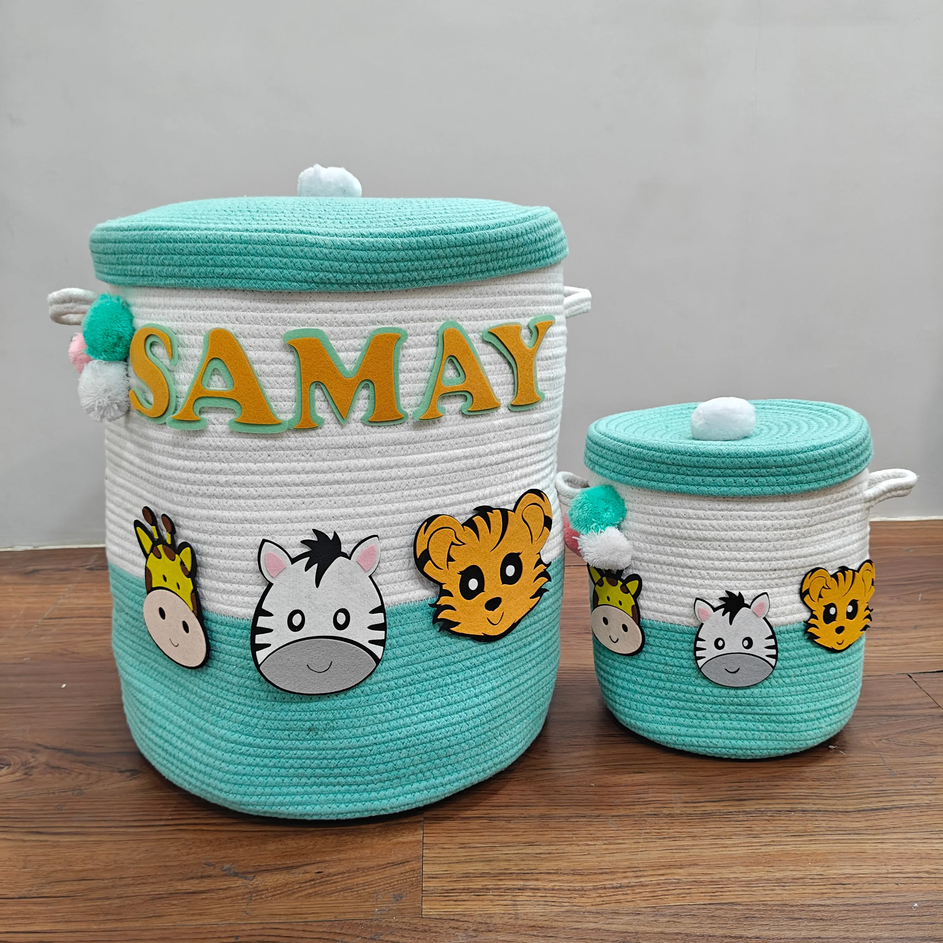 Jute Cotton Storage Basket with Lid  - Teal & Wild