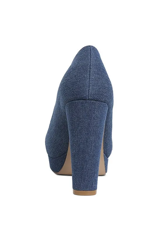 Kostur Blue Denim Block Heel Pumps