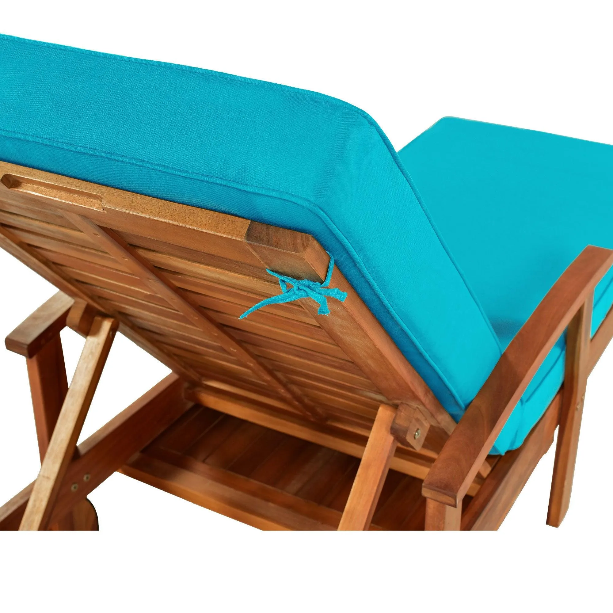 Outdoor Solid Wood 78.8" Chaise Lounge Patio Reclining Daybed with Cushion, Wheels and Sliding Cup Table for Backyard, Garden, Poolside,Brown Wood Finish Blue Cushion, Set of 2