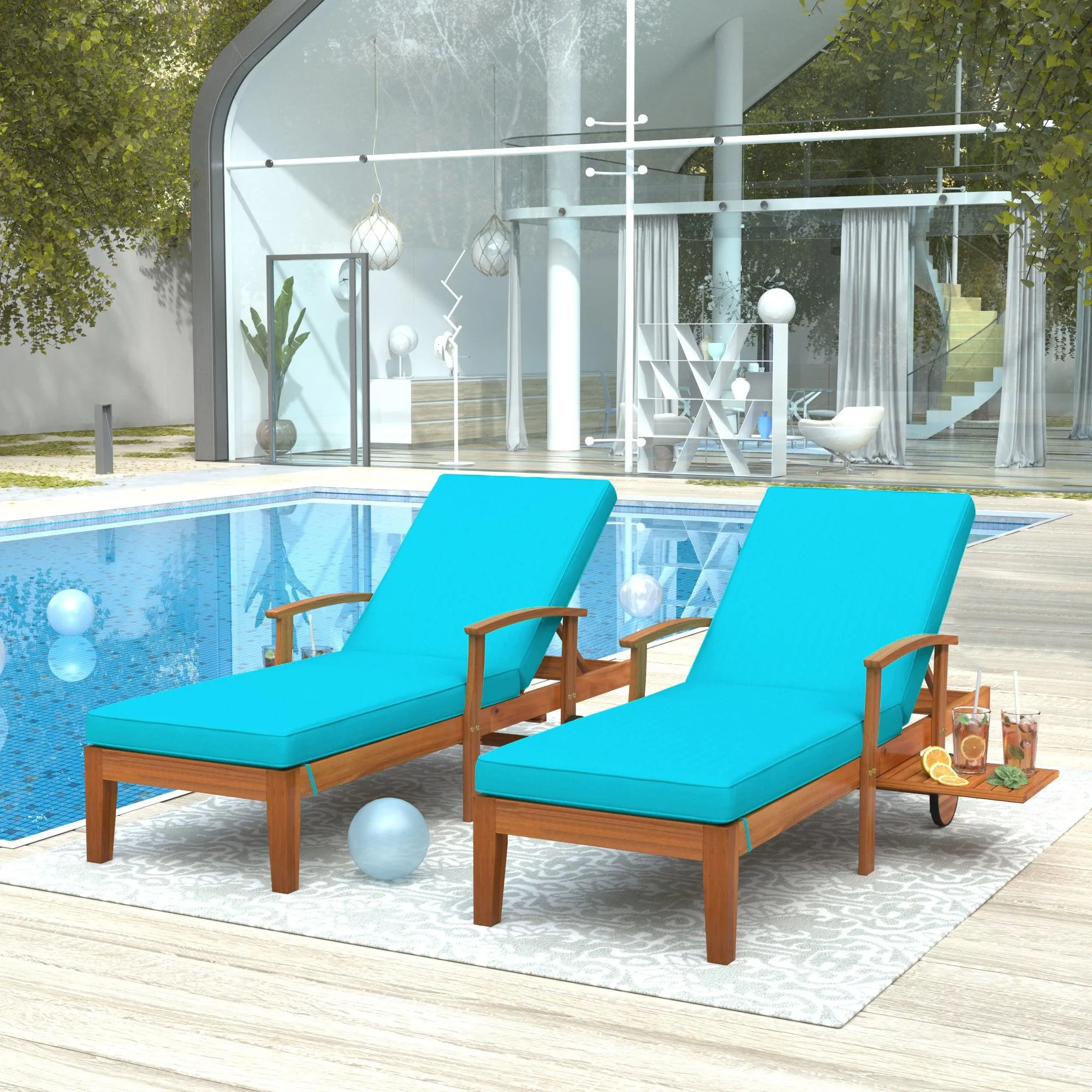 Outdoor Solid Wood 78.8" Chaise Lounge Patio Reclining Daybed with Cushion, Wheels and Sliding Cup Table for Backyard, Garden, Poolside,Brown Wood Finish Blue Cushion, Set of 2