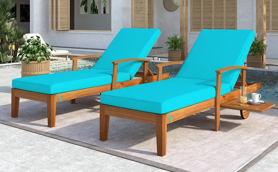 Outdoor Solid Wood 78.8" Chaise Lounge Patio Reclining Daybed with Cushion, Wheels and Sliding Cup Table for Backyard, Garden, Poolside,Brown Wood Finish Blue Cushion, Set of 2