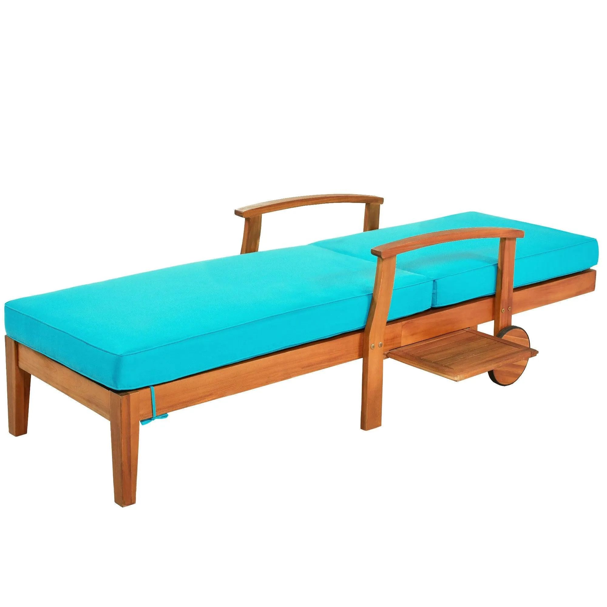 Outdoor Solid Wood 78.8" Chaise Lounge Patio Reclining Daybed with Cushion, Wheels and Sliding Cup Table for Backyard, Garden, Poolside,Brown Wood Finish Blue Cushion, Set of 2