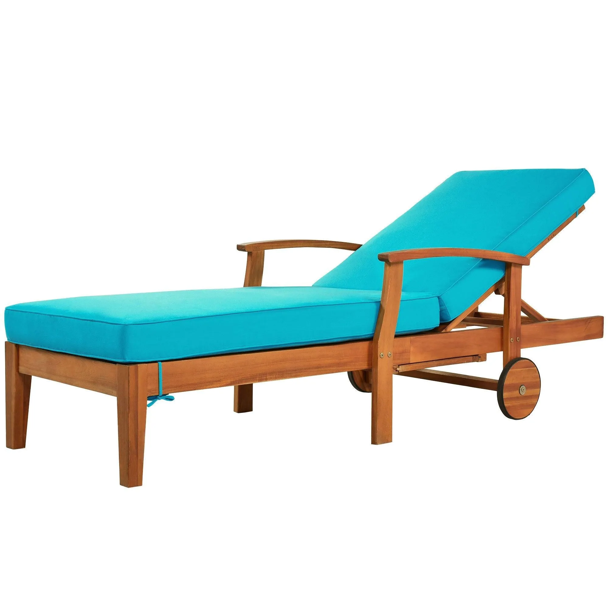 Outdoor Solid Wood 78.8" Chaise Lounge Patio Reclining Daybed with Cushion, Wheels and Sliding Cup Table for Backyard, Garden, Poolside,Brown Wood Finish Blue Cushion, Set of 2