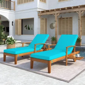 Outdoor Solid Wood 78.8" Chaise Lounge Patio Reclining Daybed with Cushion, Wheels and Sliding Cup Table for Backyard, Garden, Poolside,Brown Wood Finish Blue Cushion, Set of 2