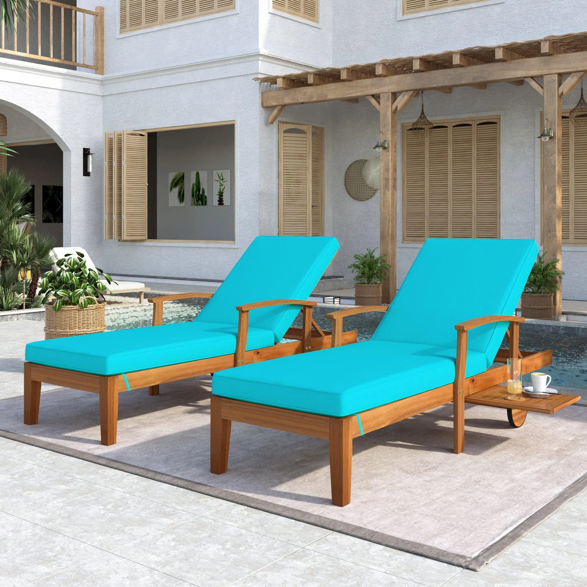 Outdoor Solid Wood 78.8" Chaise Lounge Patio Reclining Daybed with Cushion, Wheels and Sliding Cup Table for Backyard, Garden, Poolside,Brown Wood Finish Blue Cushion, Set of 2