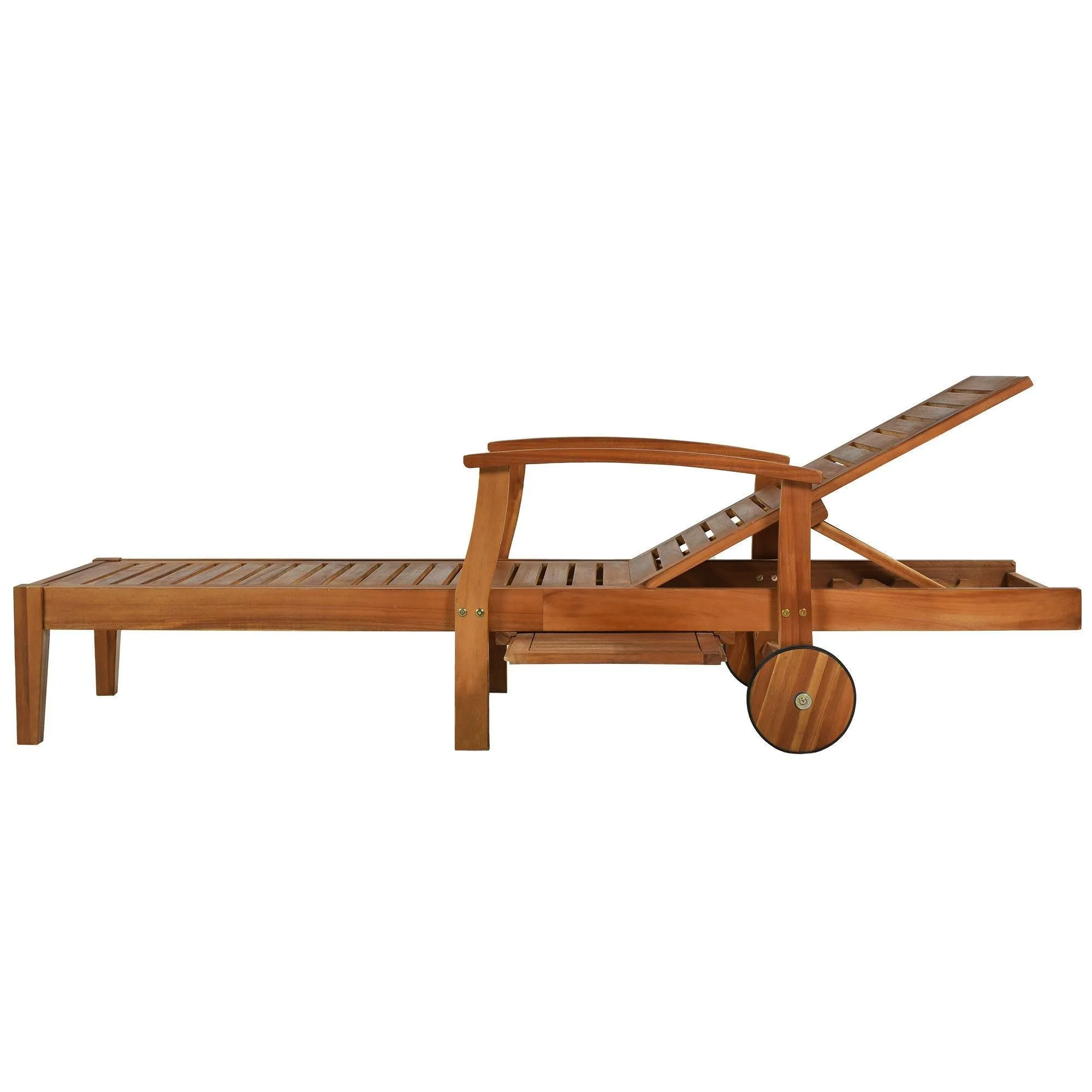 Outdoor Solid Wood 78.8" Chaise Lounge Patio Reclining Daybed with Cushion, Wheels and Sliding Cup Table for Backyard, Garden, Poolside,Brown Wood Finish Blue Cushion, Set of 2