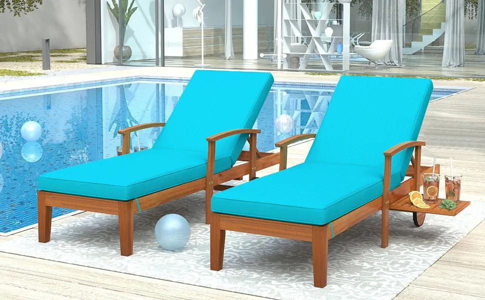 Outdoor Solid Wood 78.8" Chaise Lounge Patio Reclining Daybed with Cushion, Wheels and Sliding Cup Table for Backyard, Garden, Poolside,Brown Wood Finish Blue Cushion, Set of 2