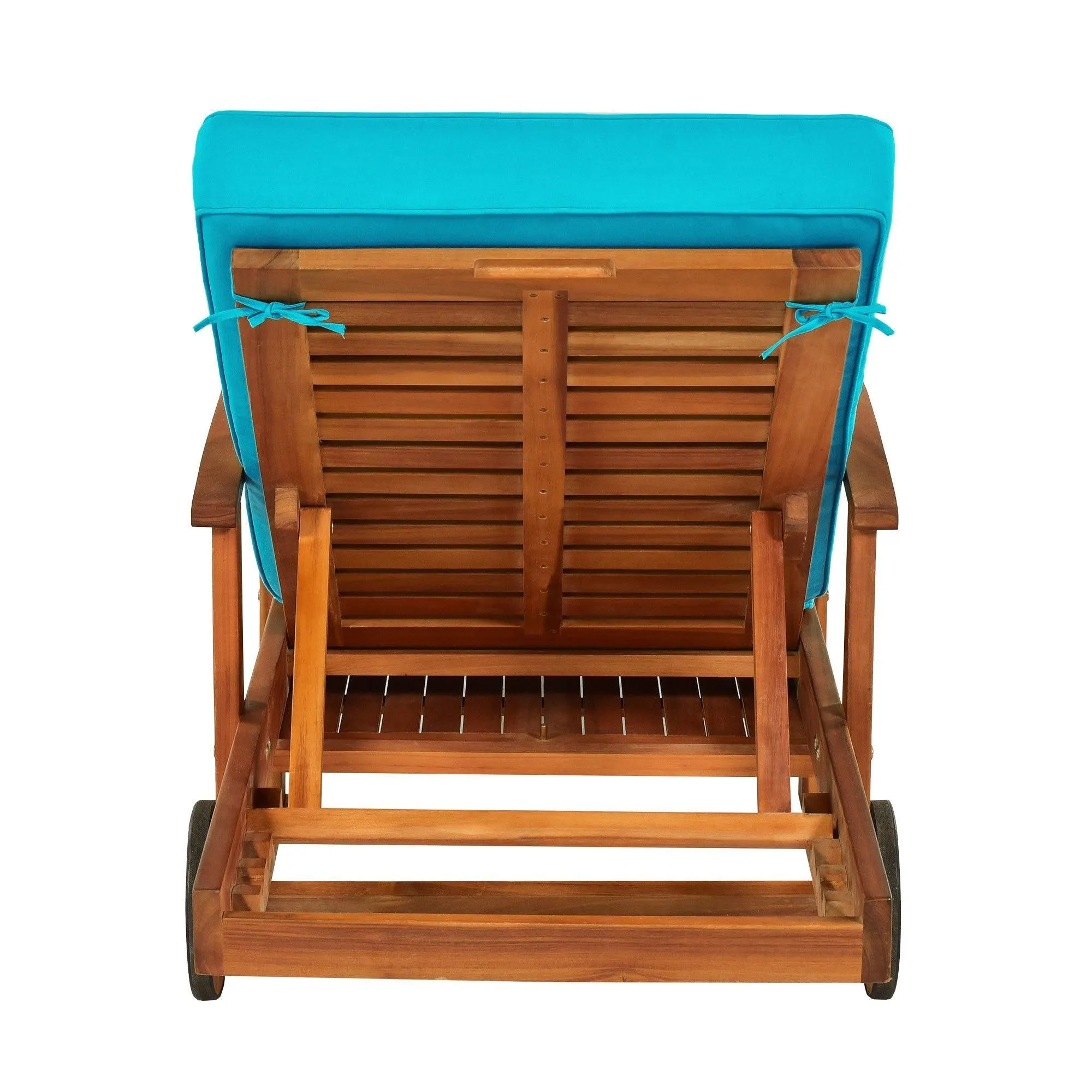 Outdoor Solid Wood 78.8" Chaise Lounge Patio Reclining Daybed with Cushion, Wheels and Sliding Cup Table for Backyard, Garden, Poolside,Brown Wood Finish Blue Cushion, Set of 2