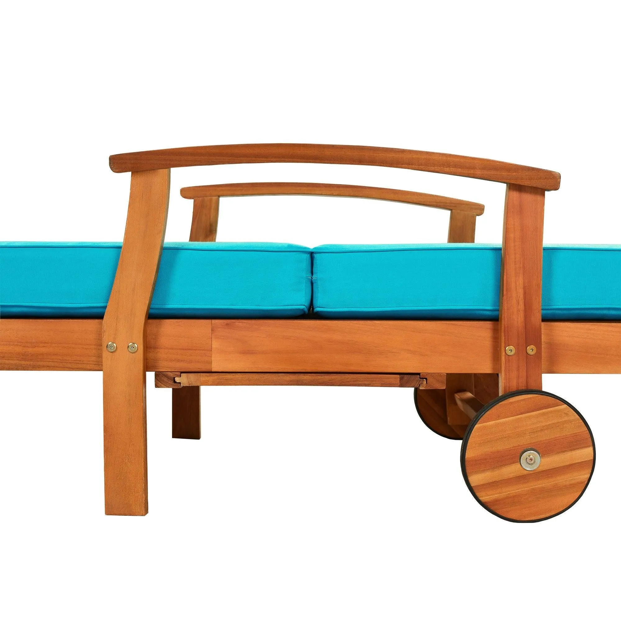 Outdoor Solid Wood 78.8" Chaise Lounge Patio Reclining Daybed with Cushion, Wheels and Sliding Cup Table for Backyard, Garden, Poolside,Brown Wood Finish Blue Cushion, Set of 2