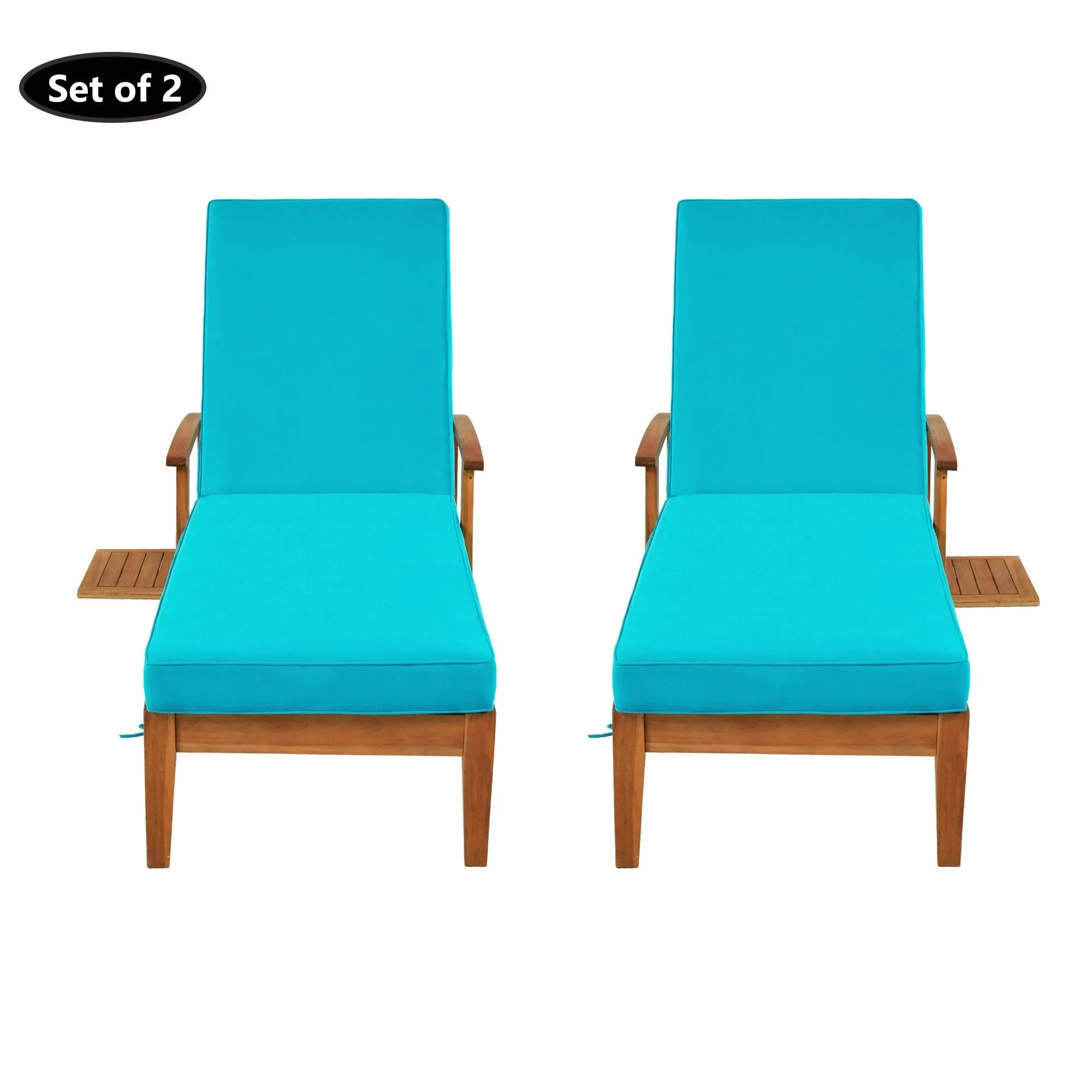 Outdoor Solid Wood 78.8" Chaise Lounge Patio Reclining Daybed with Cushion, Wheels and Sliding Cup Table for Backyard, Garden, Poolside,Brown Wood Finish Blue Cushion, Set of 2