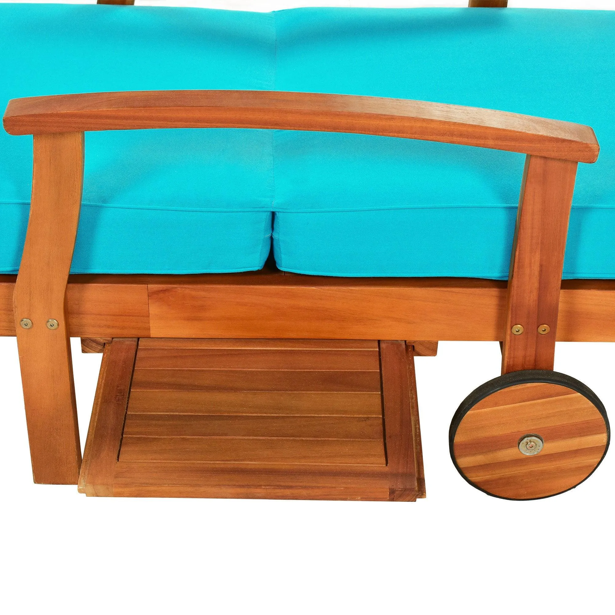 Outdoor Solid Wood 78.8" Chaise Lounge Patio Reclining Daybed with Cushion, Wheels and Sliding Cup Table for Backyard, Garden, Poolside,Brown Wood Finish Blue Cushion, Set of 2