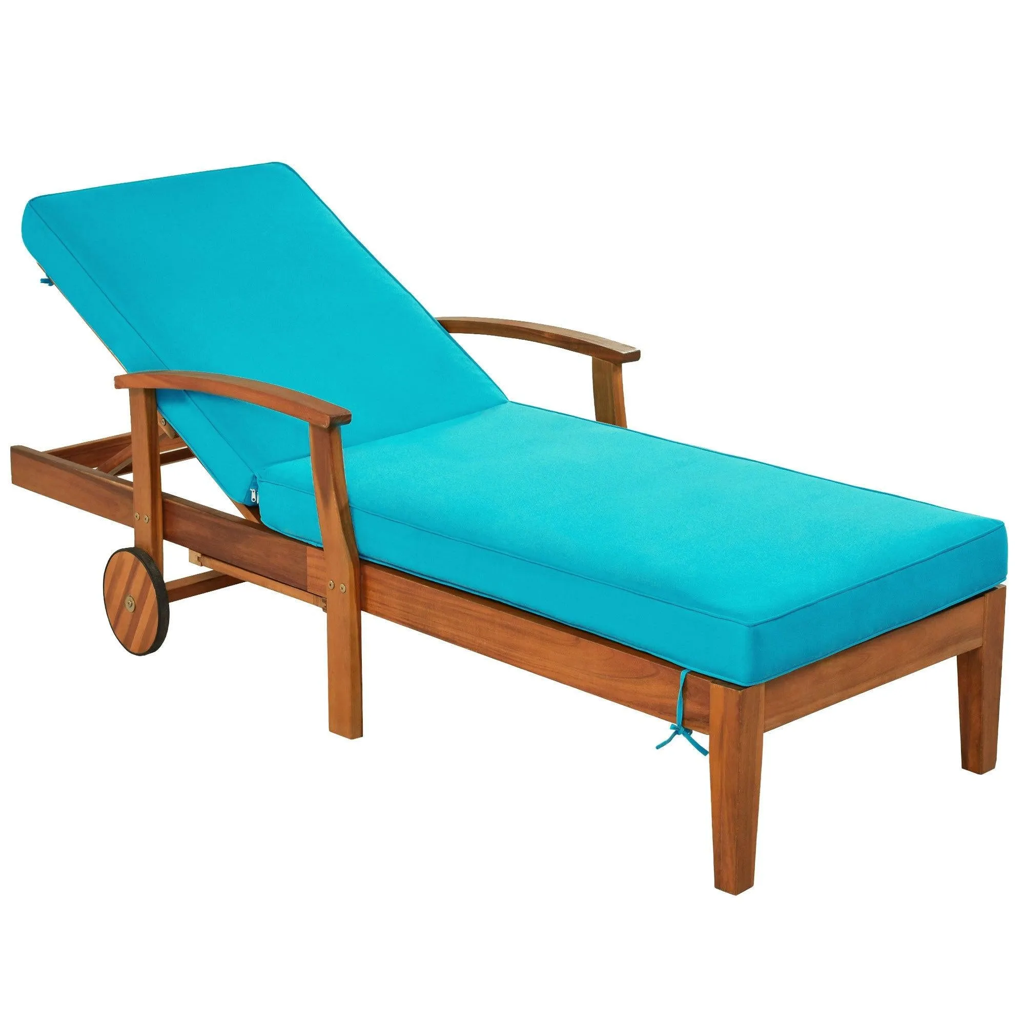 Outdoor Solid Wood 78.8" Chaise Lounge Patio Reclining Daybed with Cushion, Wheels and Sliding Cup Table for Backyard, Garden, Poolside,Brown Wood Finish Blue Cushion, Set of 2