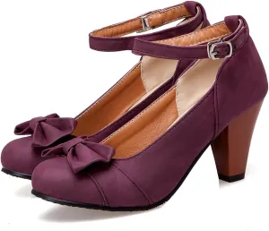 SHODENSE Women Kitten Heel Bow Pumps with Ankle Strap Round Closed Toe Dress Sandals High Chunky Block Heel Nubuck Suede Mary Jane Lolita Shoes Bowknot Dressy Office Work Wedding Party Dance 4-15 M US