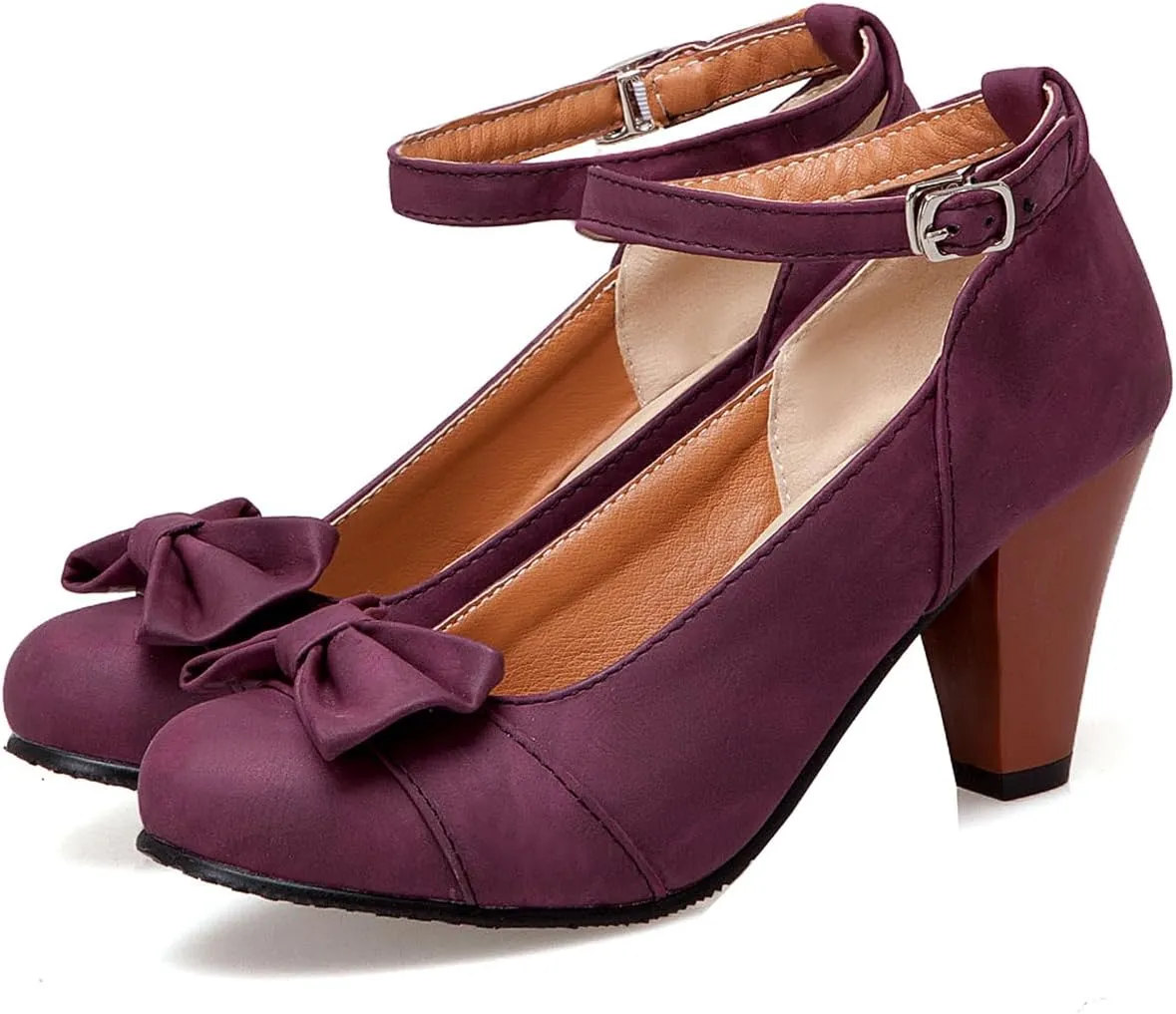 SHODENSE Women Kitten Heel Bow Pumps with Ankle Strap Round Closed Toe Dress Sandals High Chunky Block Heel Nubuck Suede Mary Jane Lolita Shoes Bowknot Dressy Office Work Wedding Party Dance 4-15 M US