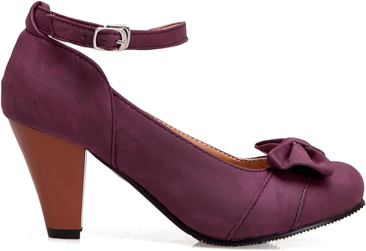 SHODENSE Women Kitten Heel Bow Pumps with Ankle Strap Round Closed Toe Dress Sandals High Chunky Block Heel Nubuck Suede Mary Jane Lolita Shoes Bowknot Dressy Office Work Wedding Party Dance 4-15 M US