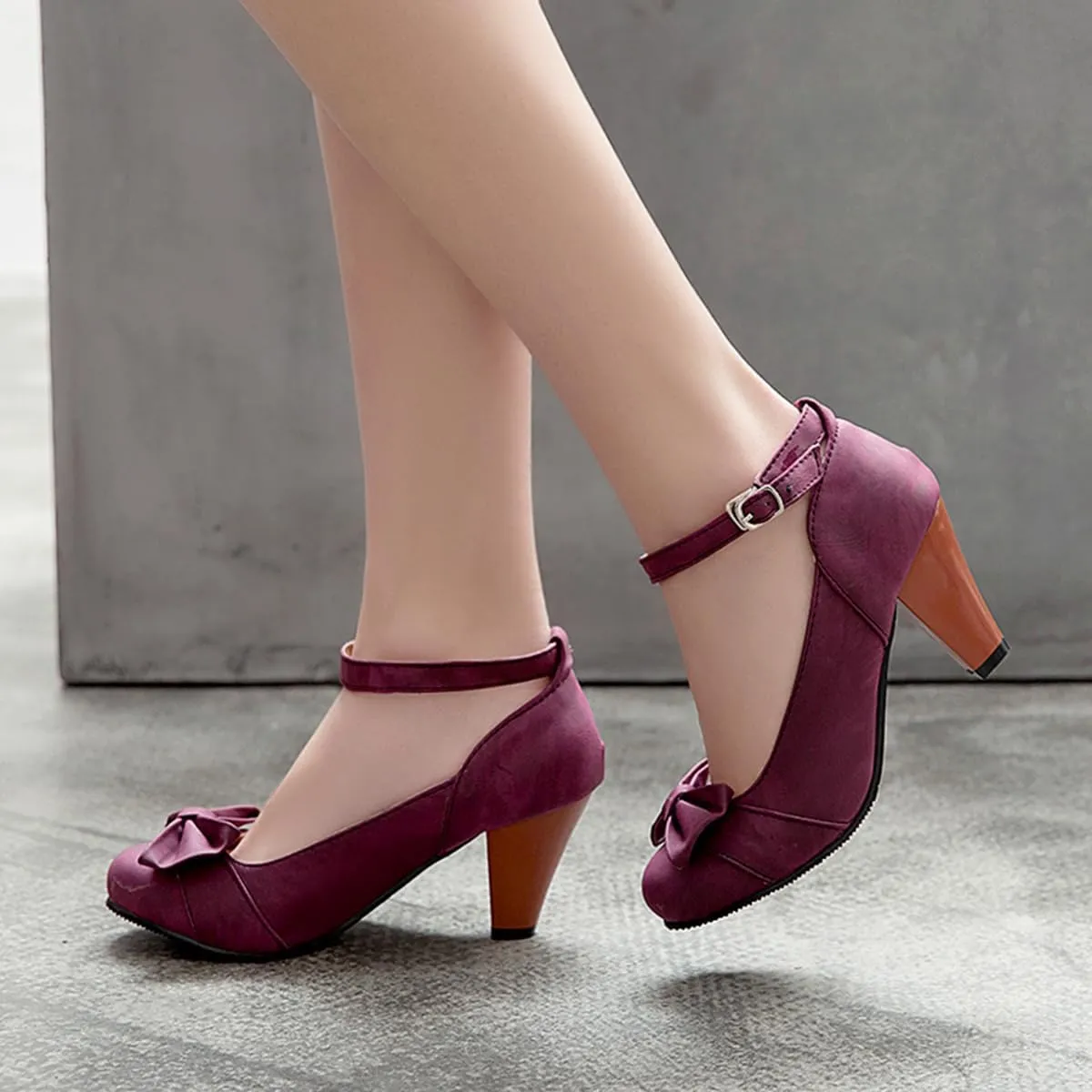 SHODENSE Women Kitten Heel Bow Pumps with Ankle Strap Round Closed Toe Dress Sandals High Chunky Block Heel Nubuck Suede Mary Jane Lolita Shoes Bowknot Dressy Office Work Wedding Party Dance 4-15 M US