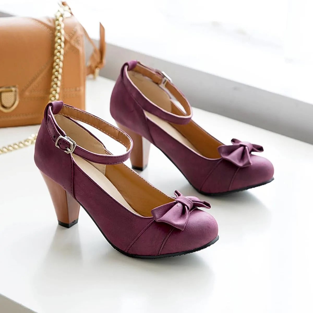 SHODENSE Women Kitten Heel Bow Pumps with Ankle Strap Round Closed Toe Dress Sandals High Chunky Block Heel Nubuck Suede Mary Jane Lolita Shoes Bowknot Dressy Office Work Wedding Party Dance 4-15 M US