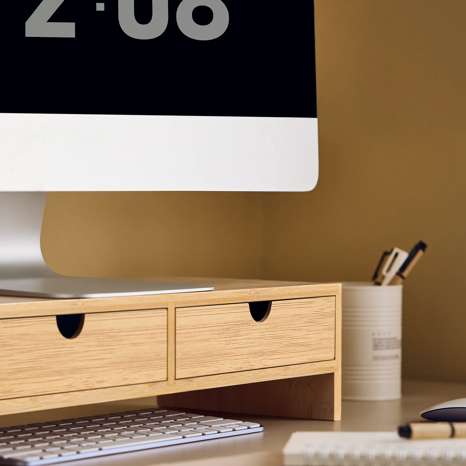 SoBuy Bamboo Computer Screen Monitor Stand,Monitor Riser,Desk Organizer with 2 Drawers FRG198-N