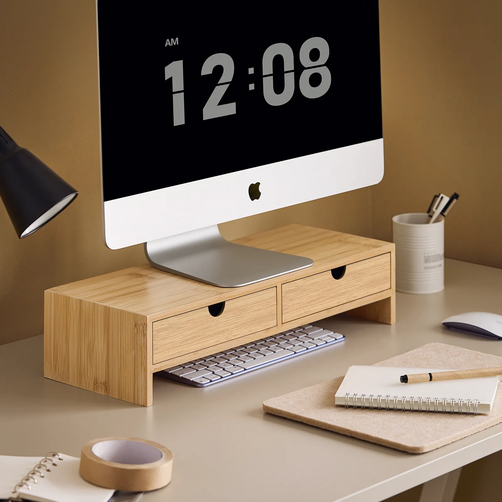 SoBuy Bamboo Computer Screen Monitor Stand,Monitor Riser,Desk Organizer with 2 Drawers FRG198-N