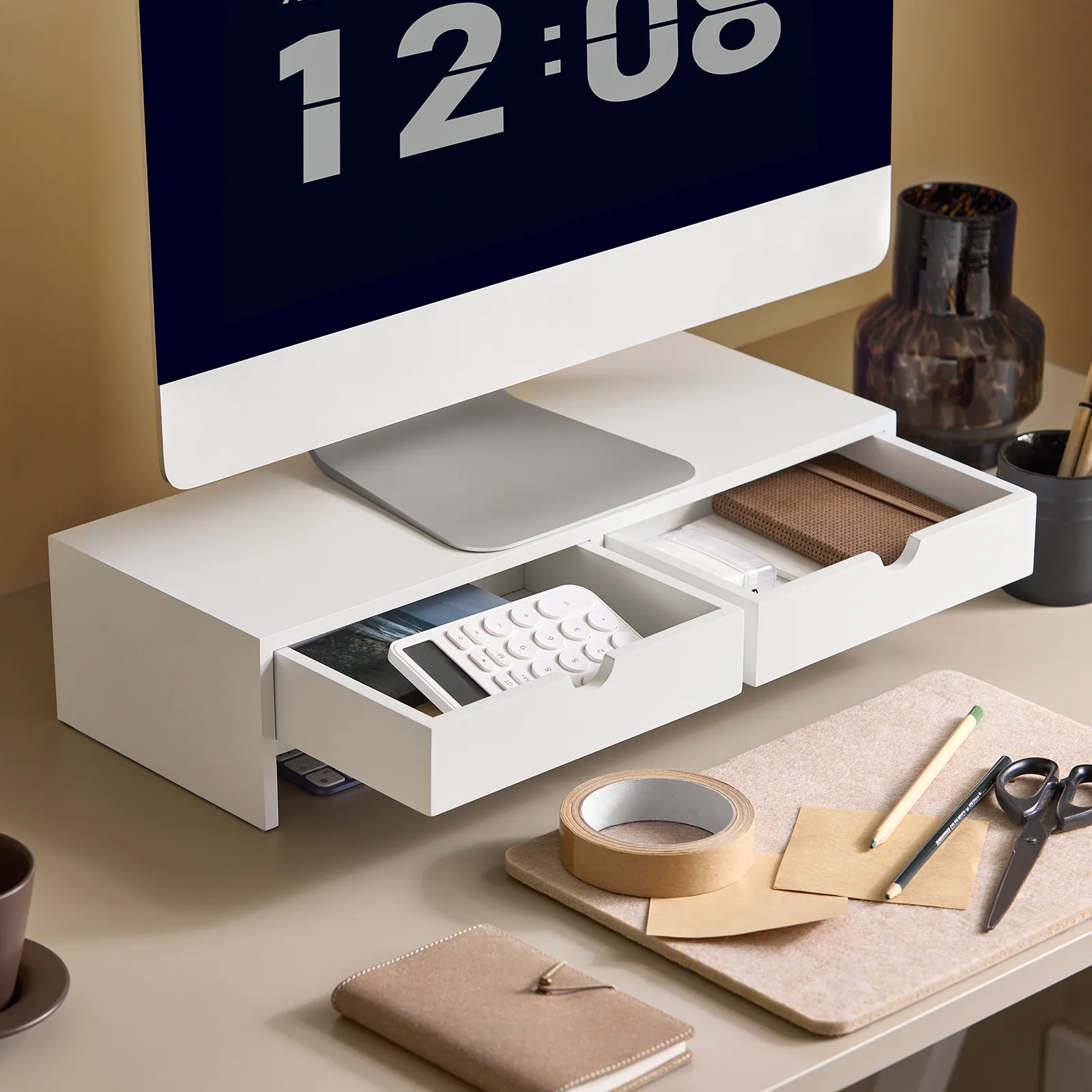 SoBuy Monitor Stand Computer Screen Monitor Stand Monitor Riser Desk Organizer 2 Drawers White,BBF02-W