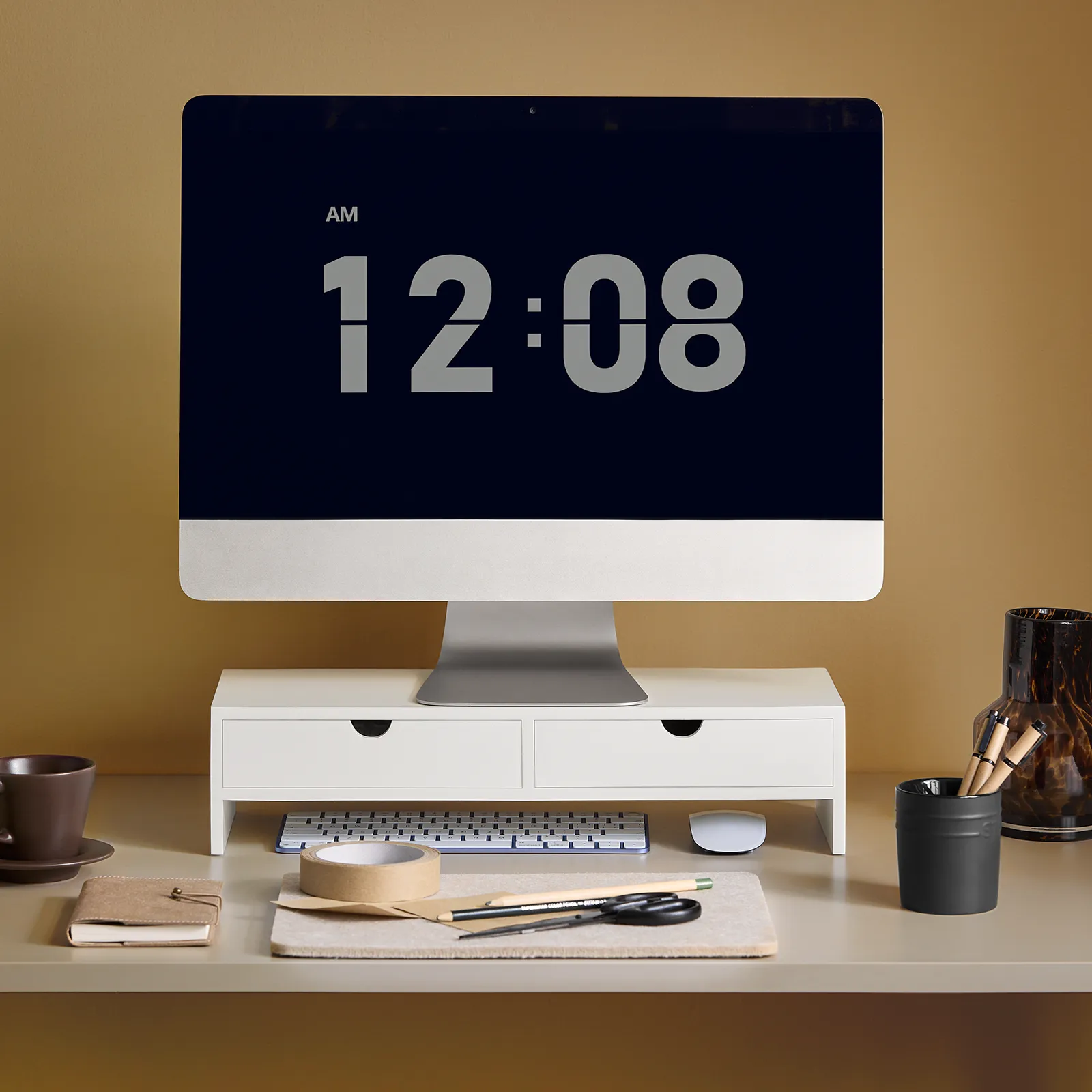 SoBuy Monitor Stand Computer Screen Monitor Stand Monitor Riser Desk Organizer 2 Drawers White,BBF02-W