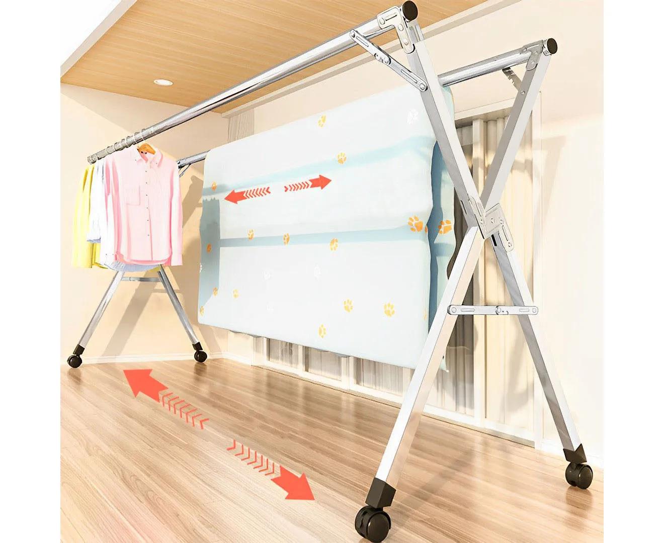 SOGA 1.6m Portable Standing Clothes Drying Rack Foldable Space-Saving Laundry Holder with Wheels