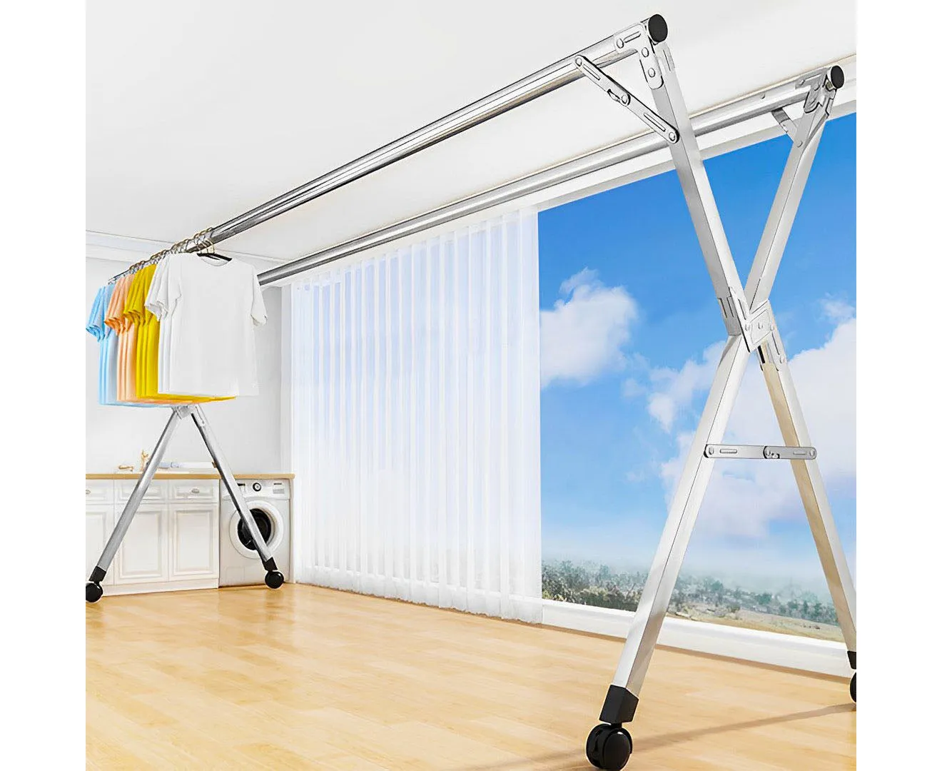 SOGA 1.6m Portable Standing Clothes Drying Rack Foldable Space-Saving Laundry Holder with Wheels