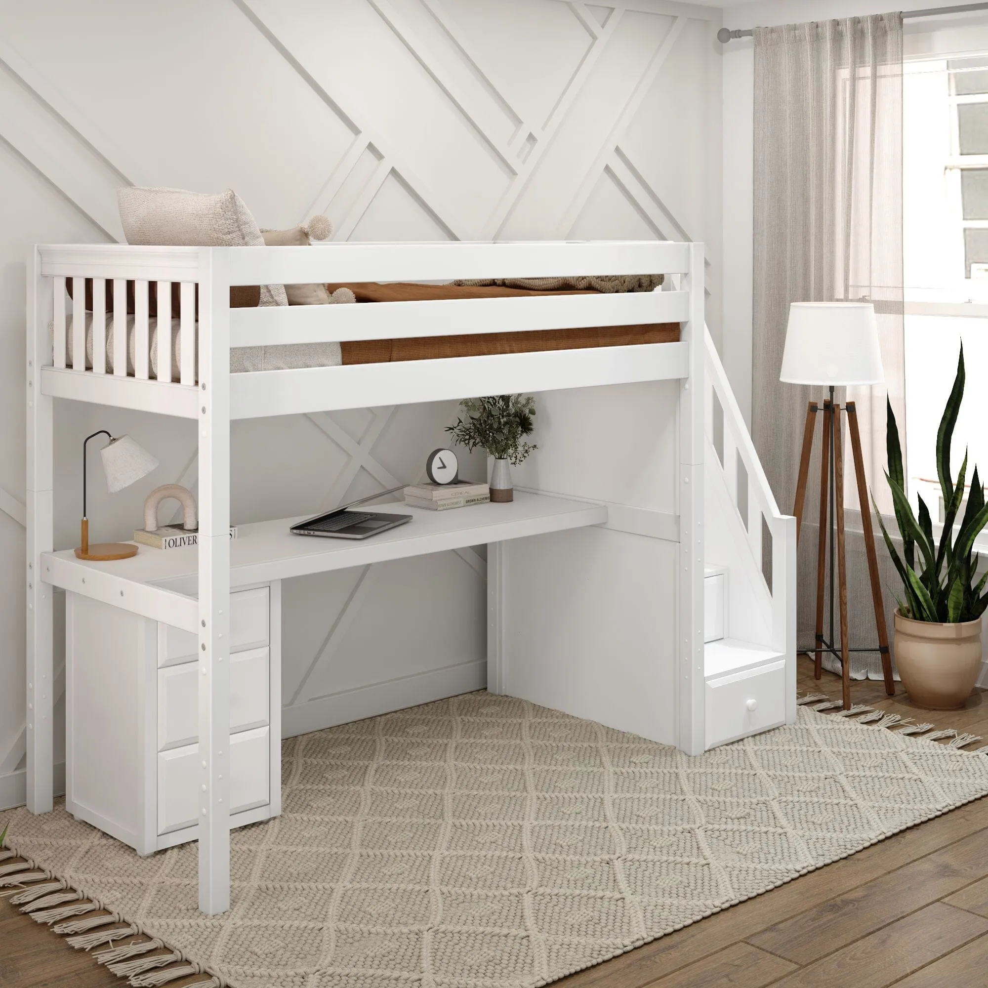 Twin High Loft Bed with Stairs with Long Desk