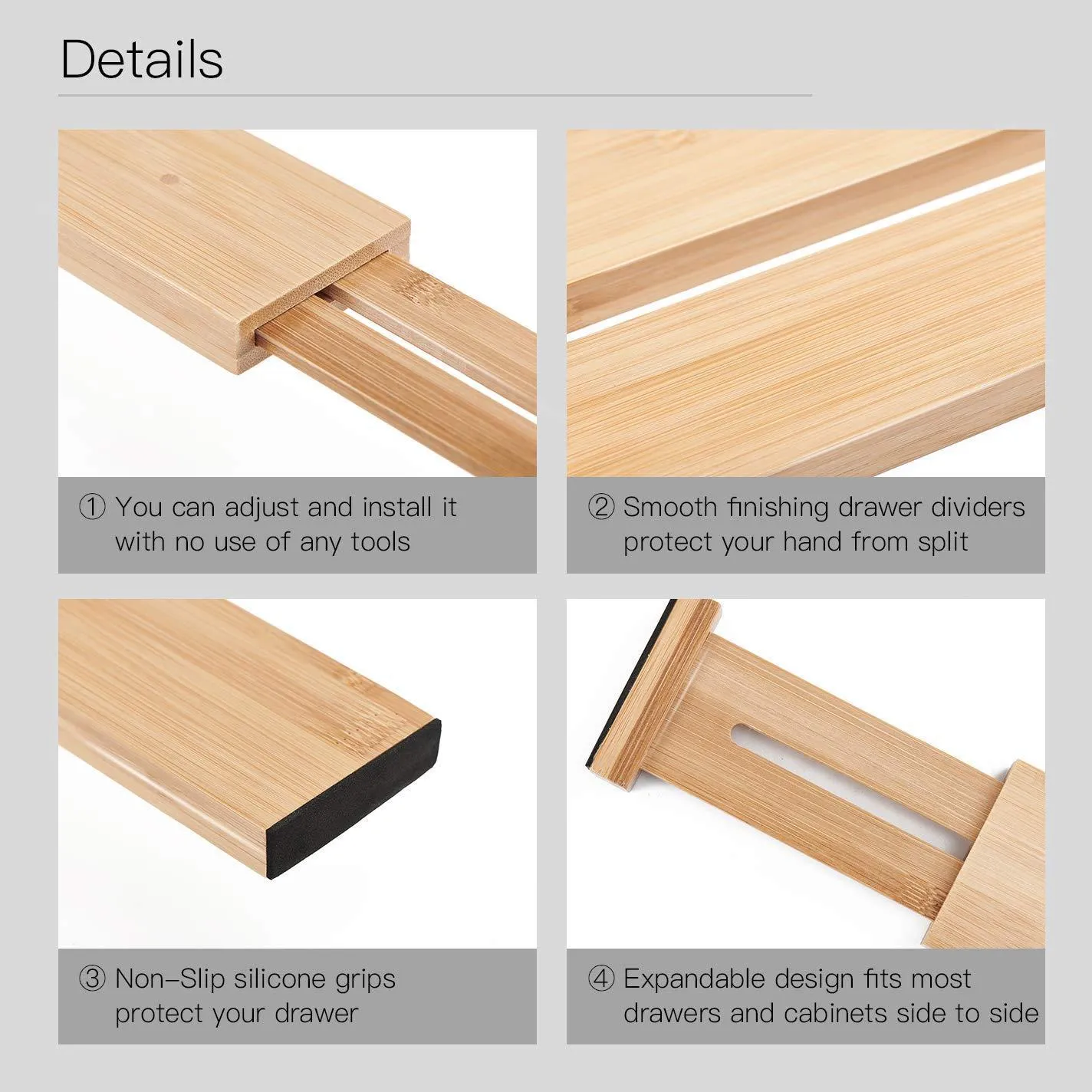 Utoplike 4 Pack Bamboo Kitchen Drawer Dividers (17.5-21.65IN),Adjustable Drawer Organizers,Spring Loaded,Works in Kitchen,Dresser,Bathroom,Bedroom,Baby Drawer,Desk